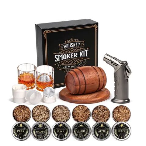 ComboJoy Wooden Cocktail Smoker Kit with Lighter, 2 Glasses, 6 Wood Chip Flavors, 2 Ice Ball Molds & Stainless Steel Utensils, Bar Set Gift for Men, Christmas & Birthday Presents