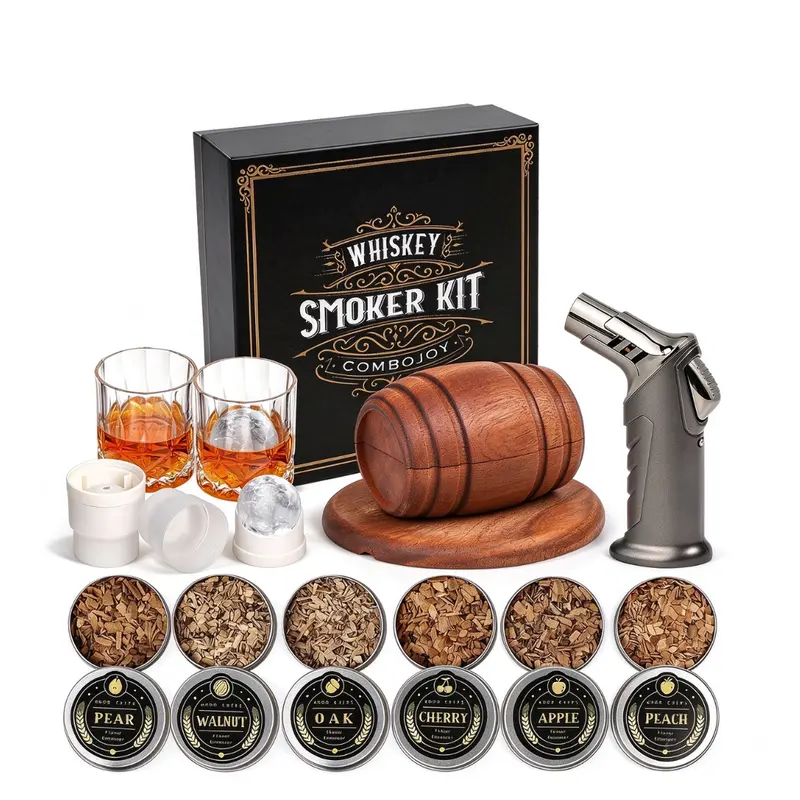 ComboJoy Wooden Cocktail Smoker Kit with Lighter, 2 Glasses, 6 Wood Chip Flavors, 2 Ice Ball Molds & Stainless Steel Utensils, Bar Set Gift for Men, Christmas & Birthday Presents