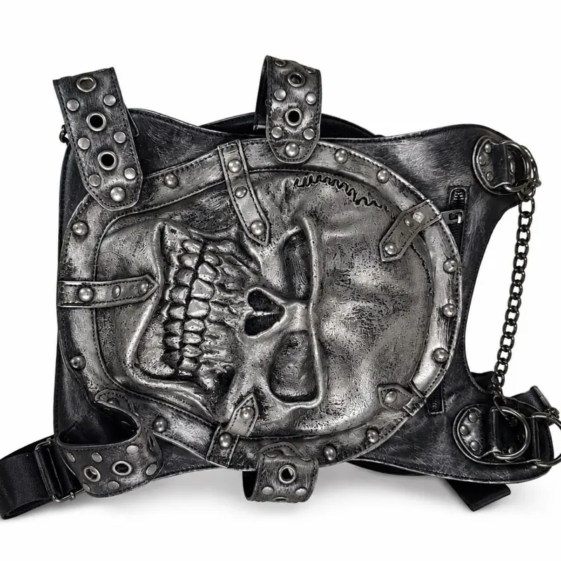 Gothic Phantom Skull Print Bold Edgy Style Dark Backpack - Black & Silver Punk Functional Urban Travel Bag, SKU:3225, Dark Backpacks