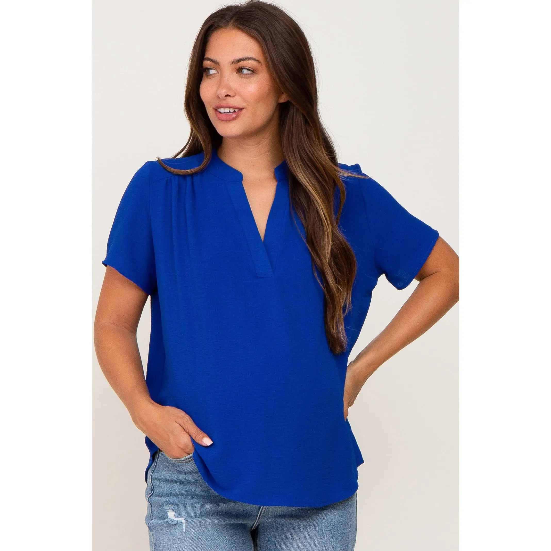 Blue Short Sleeve V-Neck Maternity Blouse