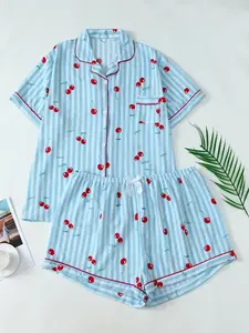 Cherry Print Women Pajama Set, 2pcs Short Sleeve Top with Shorts, Cute Comfortable Loungewear for Home Sleepwear