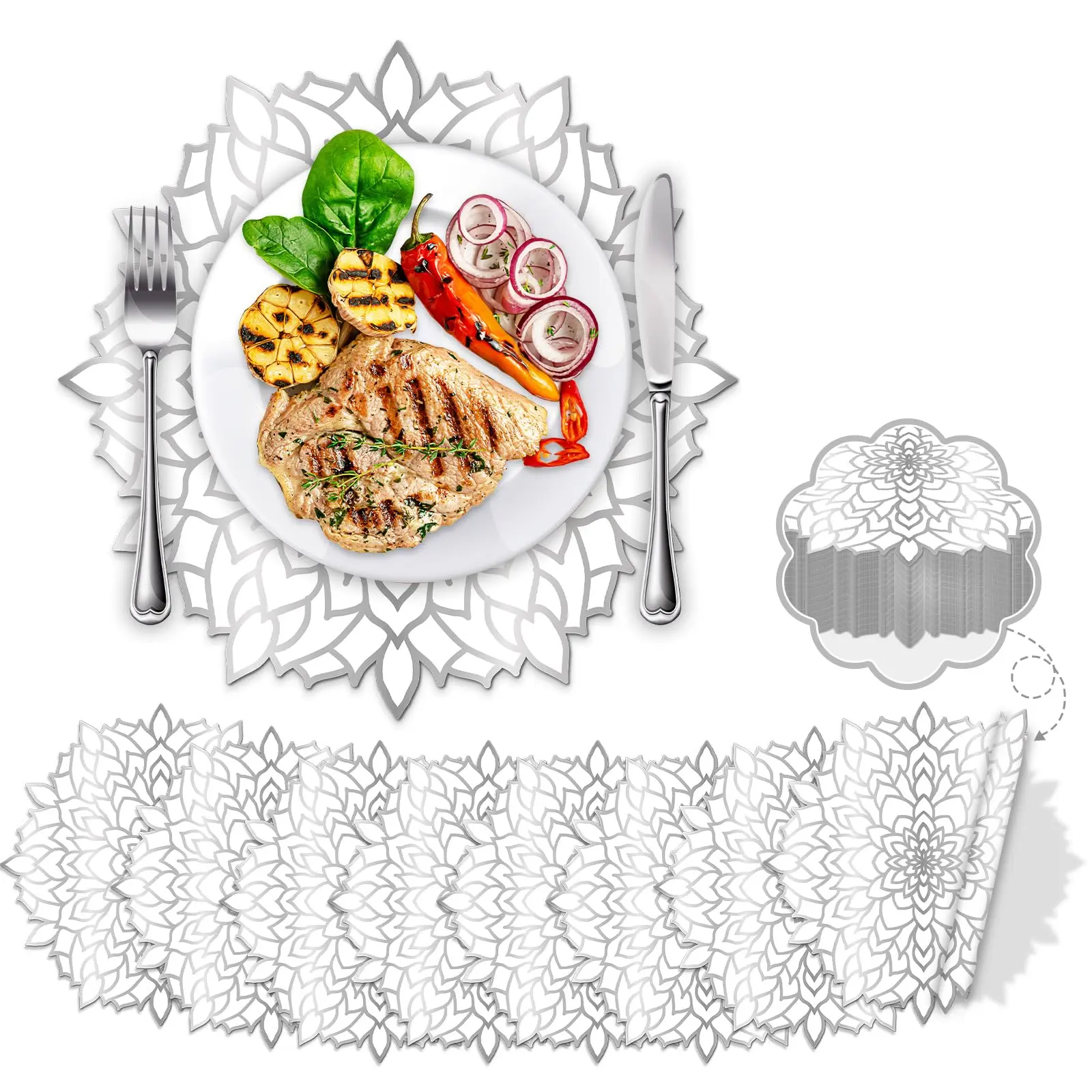 100PCS Disposable Silver Metallic Round Paper PlaceMats Round Floral Charger Table Mat Table Setting Mat Pressed Paper Round Place Mats for Christmas Wedding Birthday Party Dining Table Decor Supplies