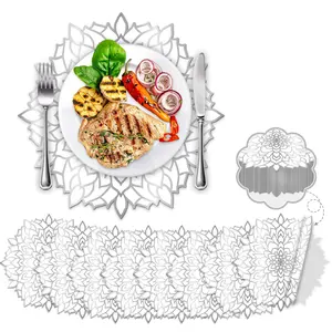 100PCS Disposable Silver Metallic Round Paper PlaceMats Round Floral Charger Table Mat Table Setting Mat Pressed Paper Round Place Mats for Christmas Wedding Birthday Party Dining Table Decor Supplies