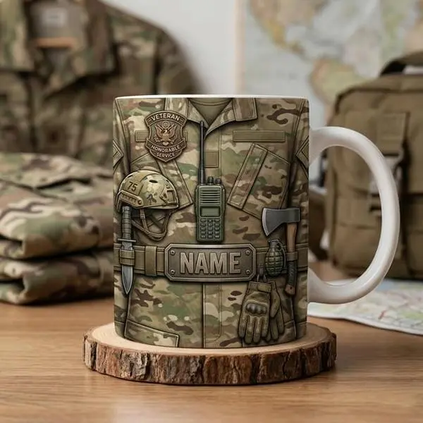 Personalized Military Veteran Mug, Detailed Camouflage Uniform Design with Custom Name Plate, Gift for Veterans Day, Birthday, Father’s Day or Christmas