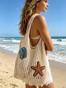 Fashionable Women's Knit Tote Bag, Sequin Gold Coin Shell Star Patch, Large Capacity Foldable Beach Bag, Summer Vacation Essentials
