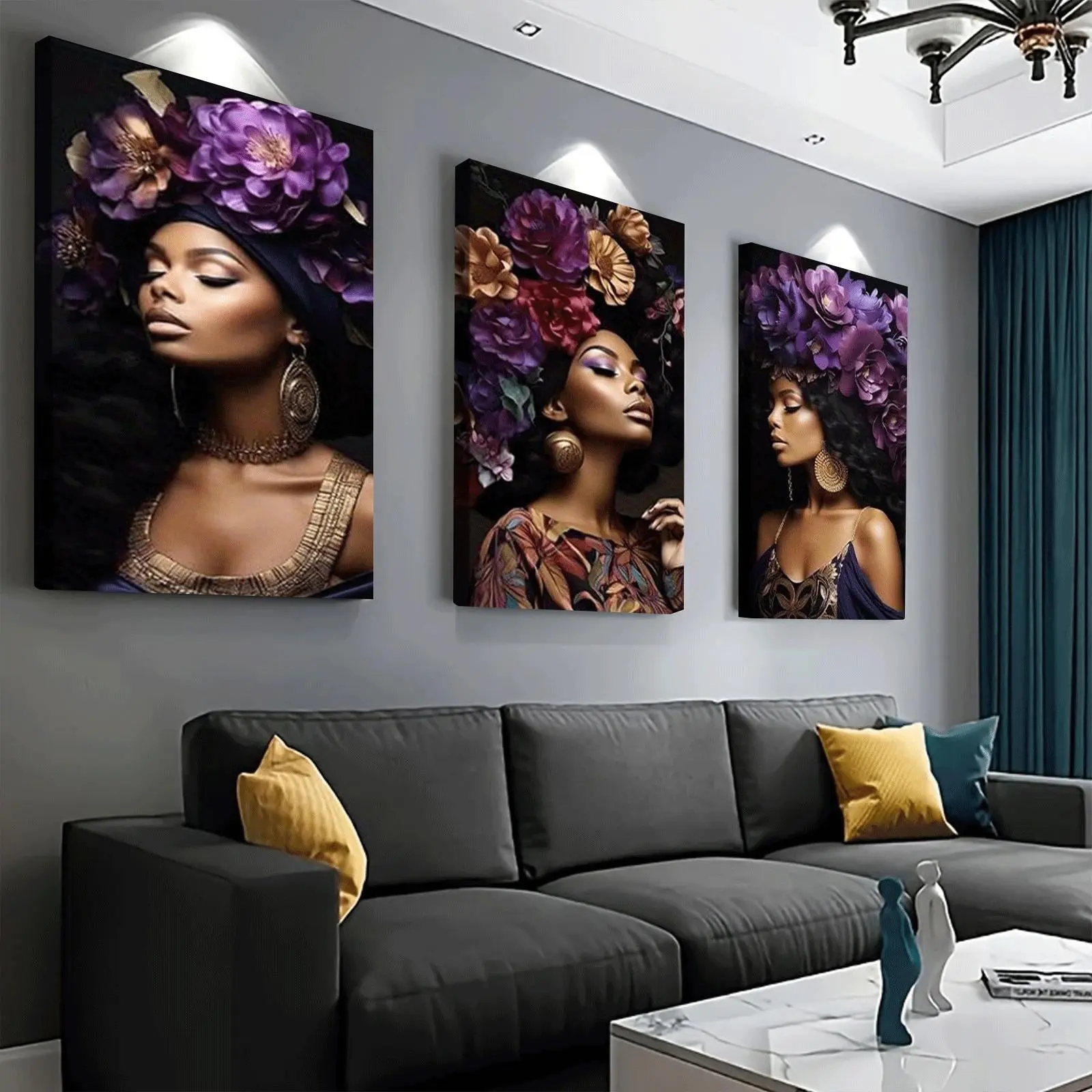 Frame 3pcs Canvas Printed Wall Art African Canvas Mural Women'S Painting Wall Decor Black Art Girl And Purple Flowers Painting Abstract Aesthetic Room Decoration