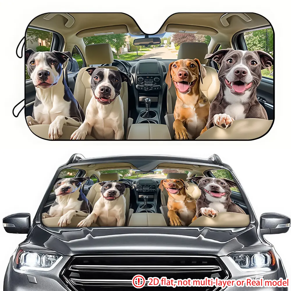 Four dogs inside a car resembling a car sun visor, Car sunshades for windshield, with 2D high-definition printing. The car sun visor effectively blocks sunlight and is suitable for decorating the front windshield of SUVs and trucks