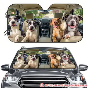 A group of four dogs inside a car resembling a car sun visor with 2D high-definition printing. The car sun visor effectively blocks sunlight and is suitable for decorating the front windshield of SUVs, General Motors, and trucks