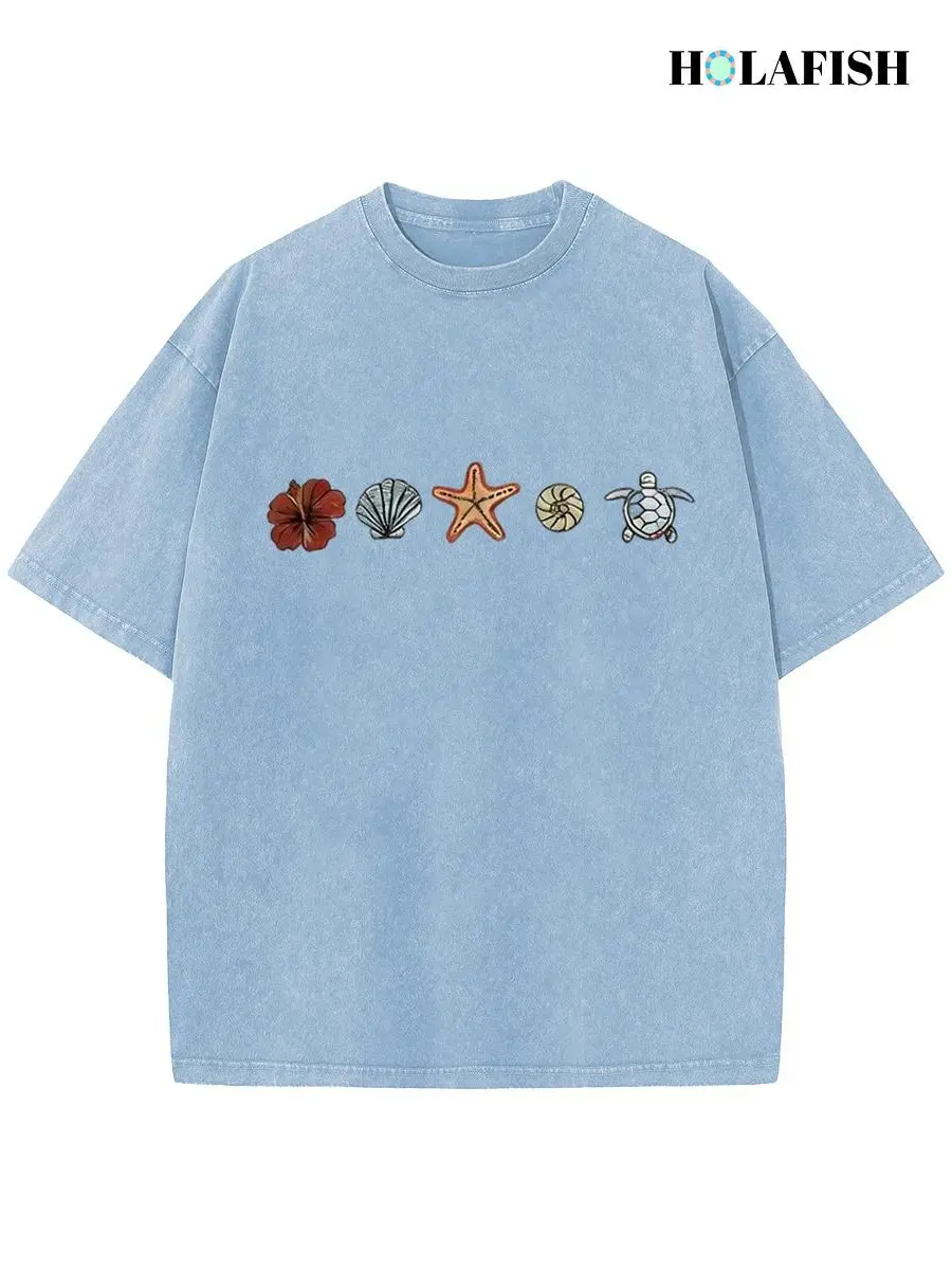 Holafish Women's Vintage Loose T‑Shirt,100% Cotton Acid Wash Short Sleeve Top Hibiscus Seashell Starfish Snail Sea Turtle Ocean Graphic Drop Shoulder Baggy Pure Cotton Tee For Casual Outdoor Summer Wear Unisex Summervibes