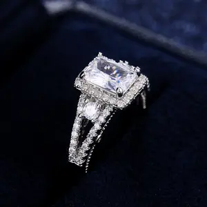 Emerald Cut Cubic Zirconia Engagement Ring - Halo Setting Split Shank Pavé Band - Stunning Promise & Anniversary Gift for Her