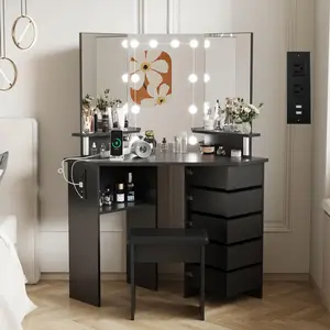 【GARVEE】Makeup Vanity Desk with Lights and Power Outlet, Corner Vanity Table Featuring 5 Rotating Drawers, 3 Color Lighting, Adjustable Brightness, Shelves, and Stool for Women