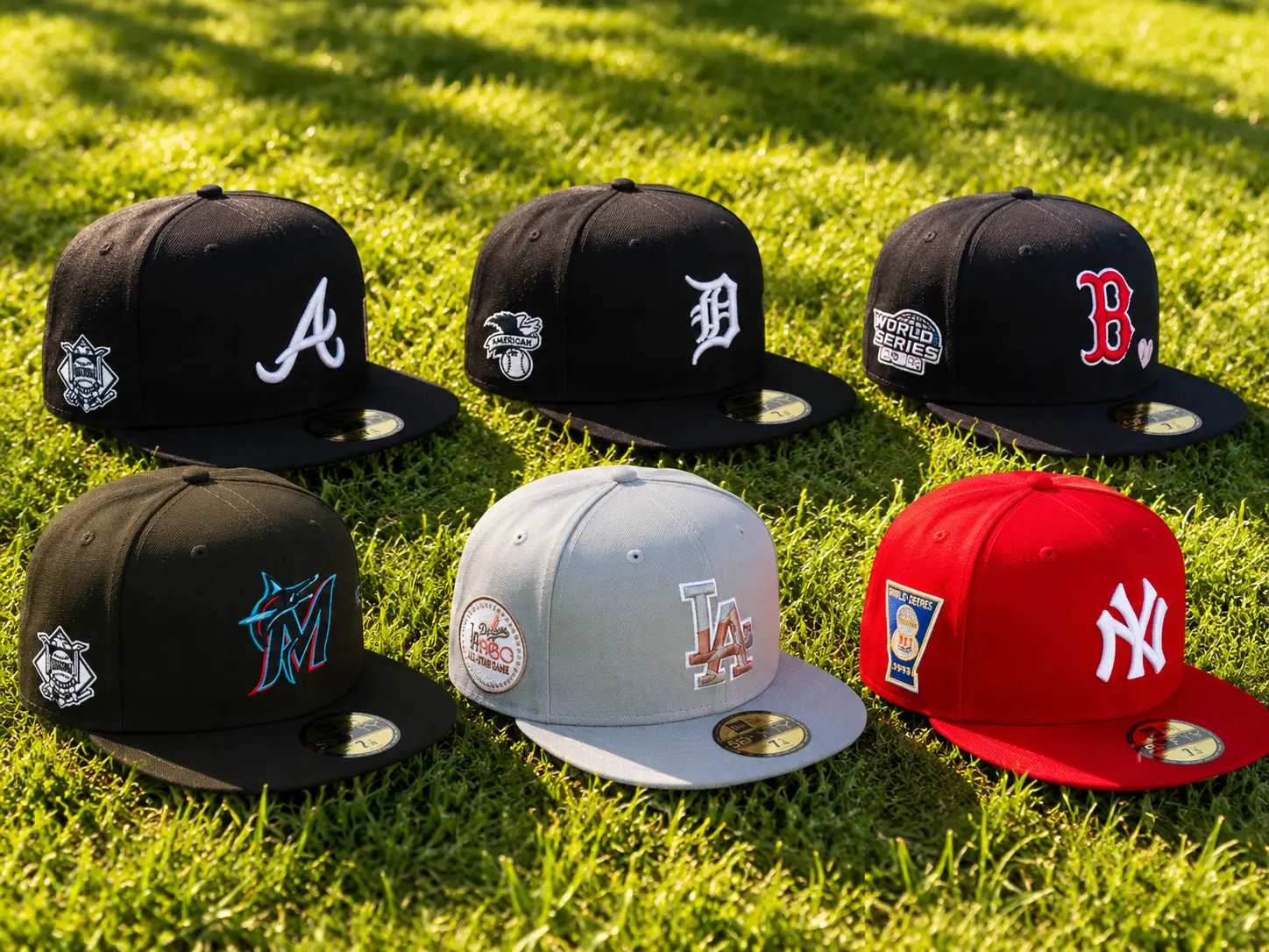 New Era MLB 59FIFTY Fitted Cap Atlanta Braves Detroit Tigers Boston Red Sox Miami Marlins Los Angeles Dodgers New York Yankees Baseball Hat Flat Brim Embroidered Logo World Series Side Patch Black Gray Red Collection Unisex