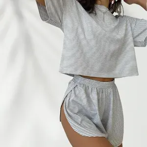 Cozy Striped Lounge Set | Mood-Boosting Lounge Duo | Oversized Striped Set Doubles as Streetwear | CozyCore Knit PJ Set | Breezy Spring Sleep Set | side split short