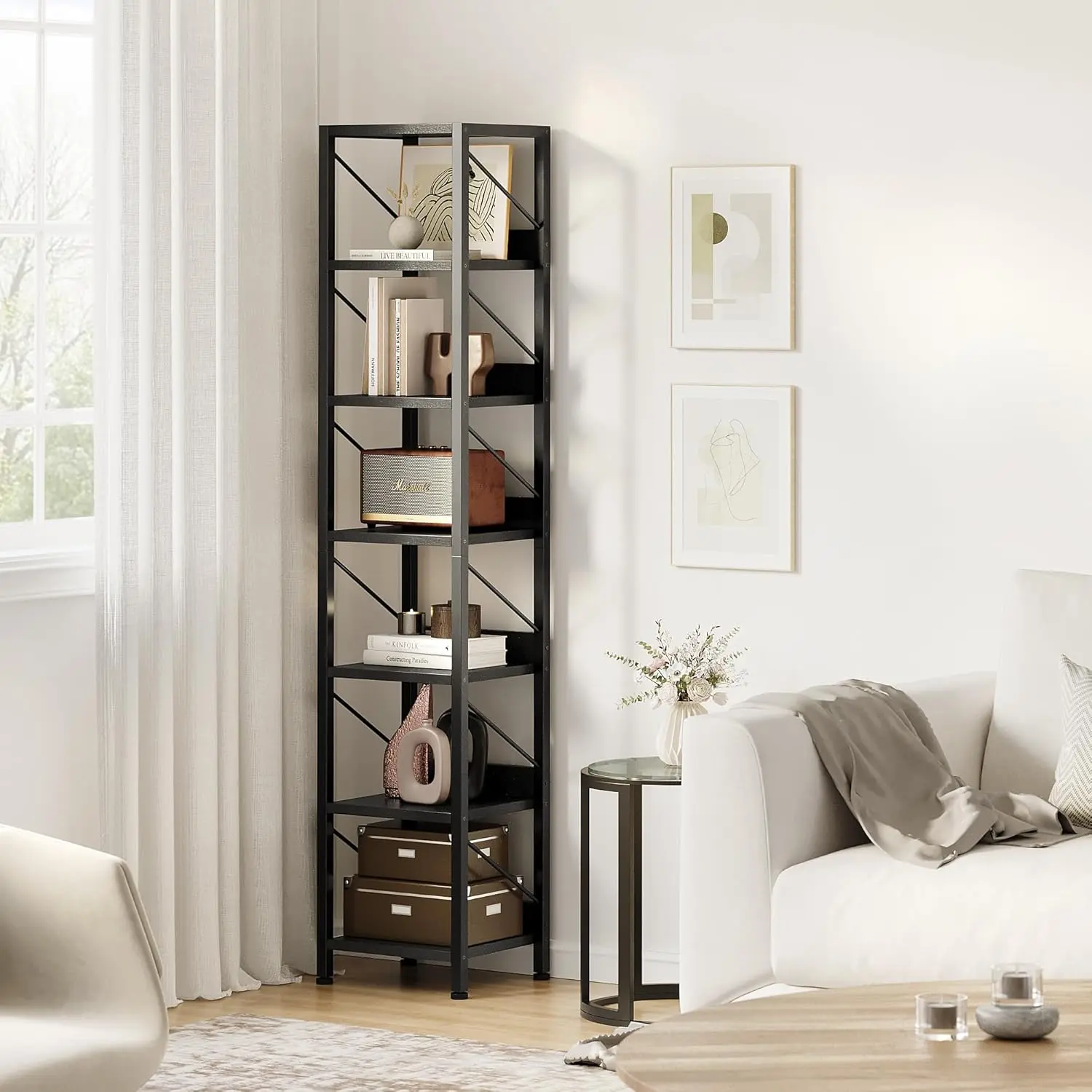 Garvee Bookshelf - Narrow Bookcase Tall Skinny Storage Rack Shelf - 6 Tier Standing Bookshelves Metal Frame Rustic Display Racks Industrial Book Shelf for Bedroom/Living Room/Home/Office - Black