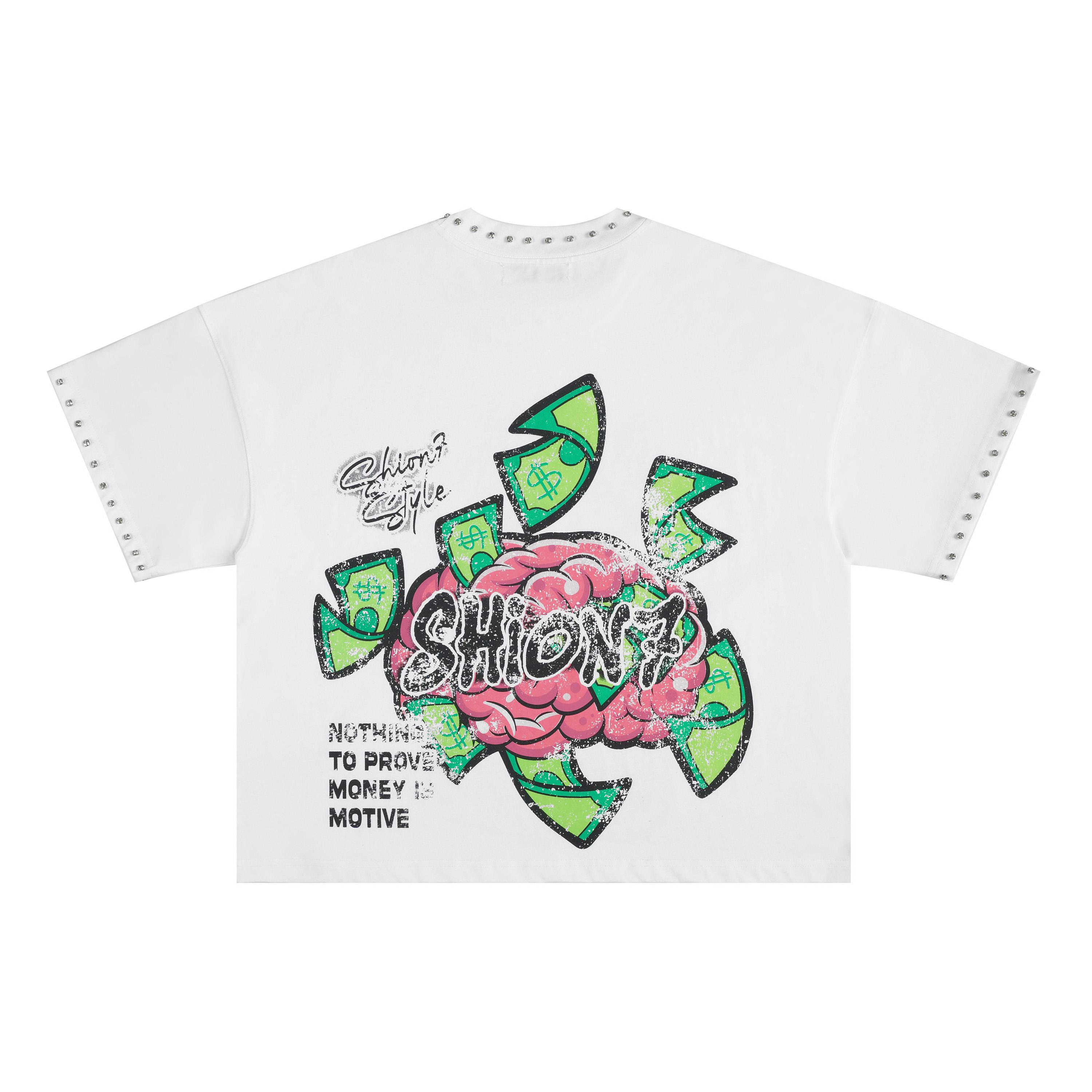 Men's Y2K Cartoon Rapper Studded Oversize White Tee | Summer Crystal Street wear Must-Have