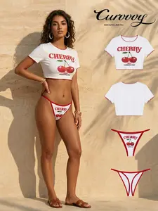 Curvvvy Swim 2026 Women’s Cute Sweet Like Me Cherry 3 Piece Bikini Set, Shirt Top with Triangle Bottom Casual Summer Vacation Swimwear for Women