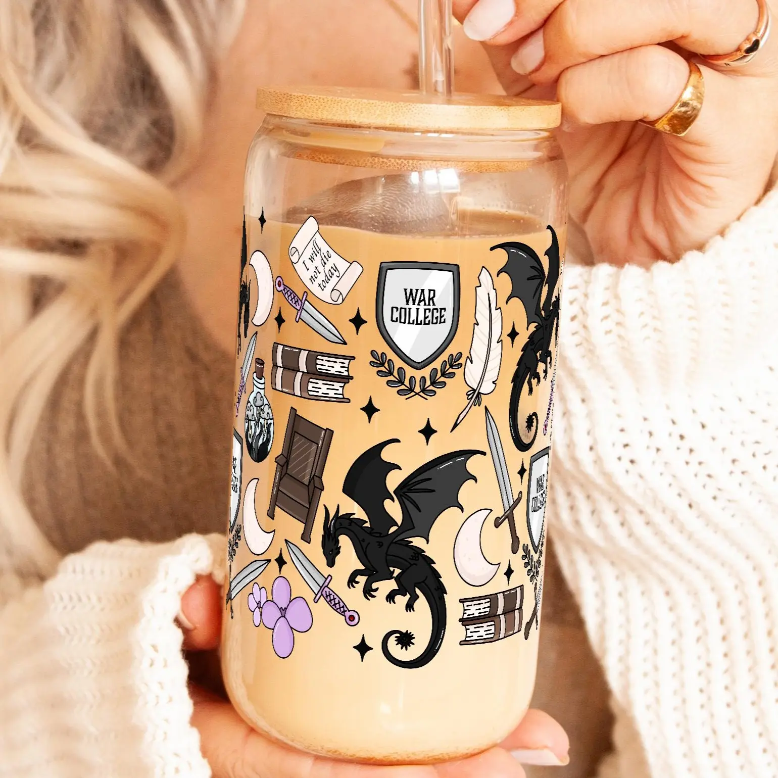 War College 16oz Glass Can Cup with Lid and Straw, Iced Coffee Drinkware, Gift for Her, Acrylic Cup, water bottle for women, book lover gifts, Skinny Tumbler, Insulated Lid Bottle, Water Bottle Pocket, Silicone
