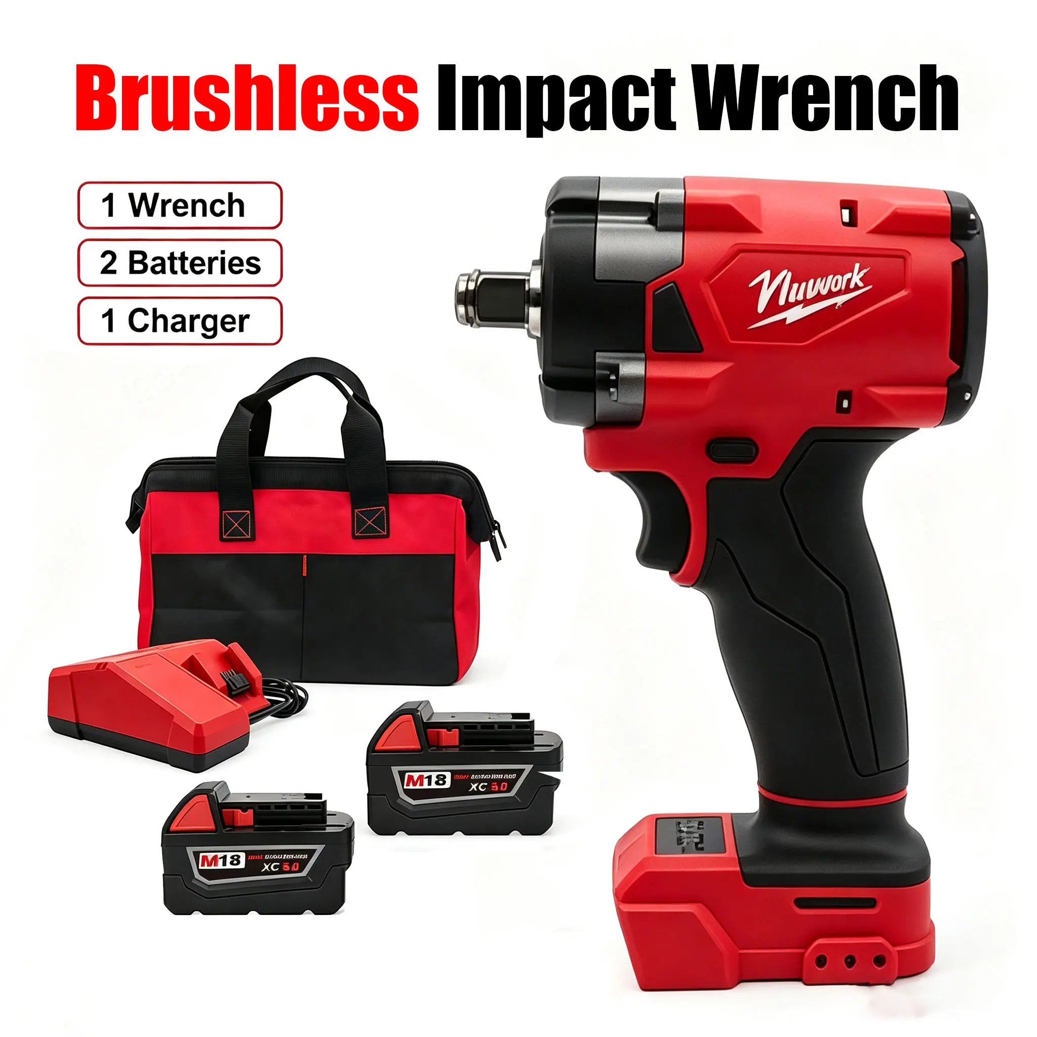 NiuWork 1/2" Brushless Cordless Impact Wrench (350nm) Full Kit - 18V, LED Light, M18 Batteries Compatible, Torque Wrench, Impact Drill for DIY Furniture Fix, Home Mechanic Work Tools