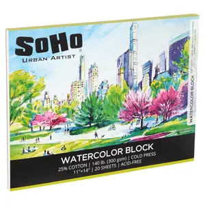 SoHo Urban Artist Watercolor Block 11x14" - 140lb 20 Sheets Cold Press, Professional, Sustainable, Acid-Free