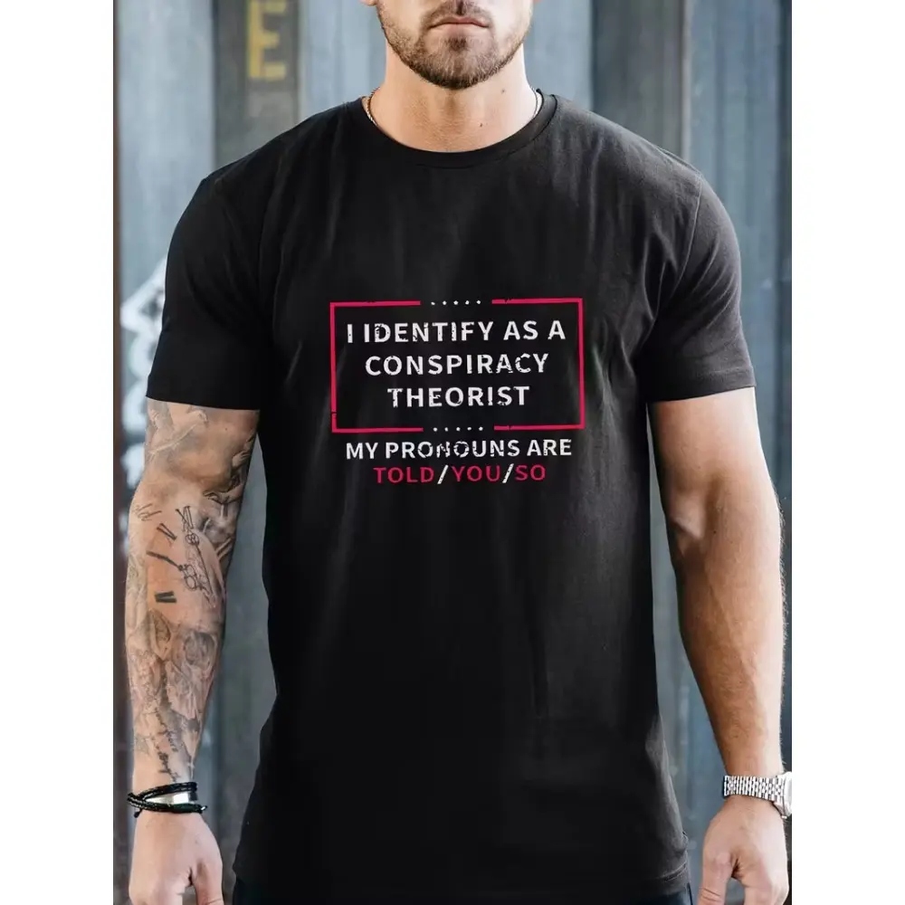 Men'S Casual Crew Neck T-Shirt with "Conspiracy Theorist" Slogan, Polyester Knit Fabric, Short Sleeve, Summer Top for Going Out - H Fit, 150gsm