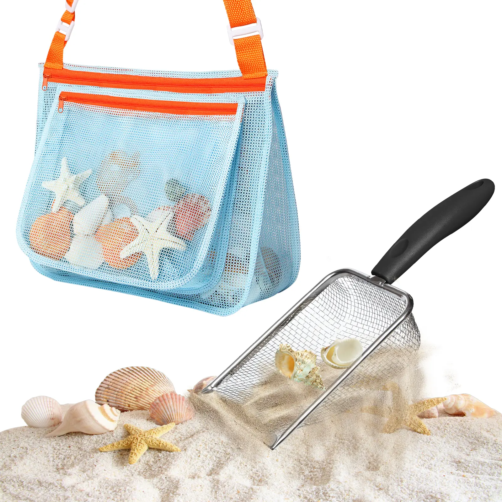 Beach Mesh Shovel with Mesh Beach Bag for Picking Up Shell,Metal Shark Tooth Sifter Sand Dipper Beach Scoop for Kids Boys Girls