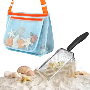 Beach Mesh Shovel with Mesh Beach Bag for Picking Up Shell,Metal Shark Tooth Sifter Sand Dipper Beach Scoop for Kids Boys Girls