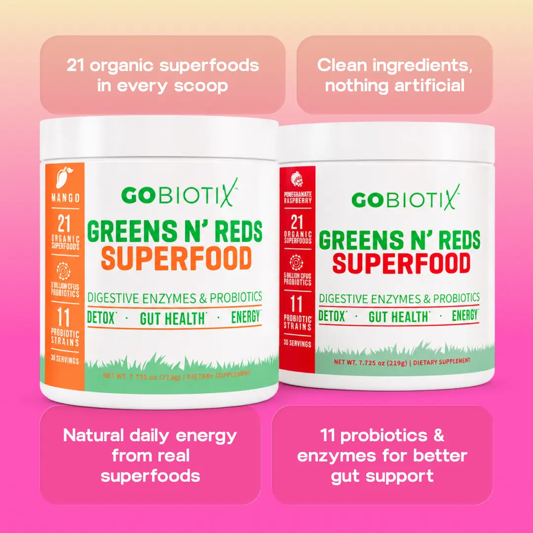 GoBiotix Greens & Reds Superfood Powder – 21 Fruits & Veggies with Probiotics & Enzymes for Digestion, Detox, Bloating Relief, Energy Boost & Gut Health – Vegan