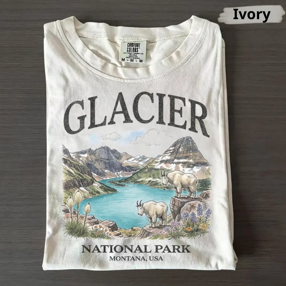 Comfort Colors Glacier National Park Vintage 90s Graphic T-Shirt, Retro Montana Mountain Lake USA T Shirt Nostalgia Classic Unisex T-Shirt Graphic Tee