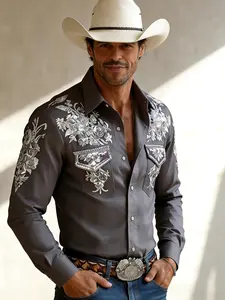 Men's Western Retro Long Sleeve Shirt, Non-Elastic Fabric, Lapel Pocket Design, High-End Feel, Perfect for Jeans Style, Party, Theme Events