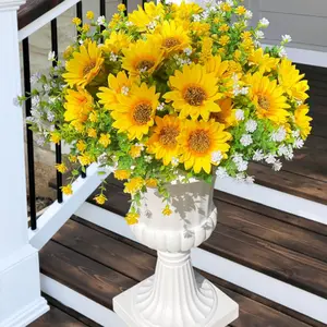 Artificial Sunflowers Faux Flowers, UV Resistant Fake Silk, Realistic Sun Flowers, Decorative Outdoor Porch Planters, 16 Bundles