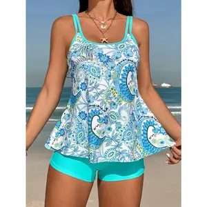 Swim Lushoire Summer Beach Paisley Print Cami Top and Solid Boxer Briefs Two Pieces Swimwear SHEIN