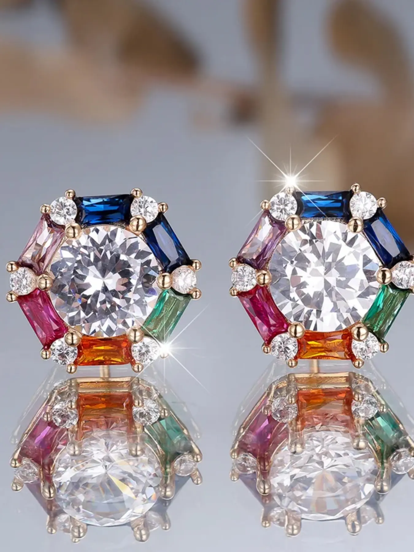 Cute Female Stone Rainbow Zirconia Brilliant Stud Earrings Silver Gold Color Wedding Jewelry For Women Pretty Studs