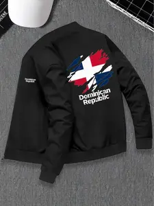 Men's Vintage Baseball Jacket, Casual, Fitted, Dominican Republic Flag Print, Zipper Retro Jacket with Collar, Polyester Lining