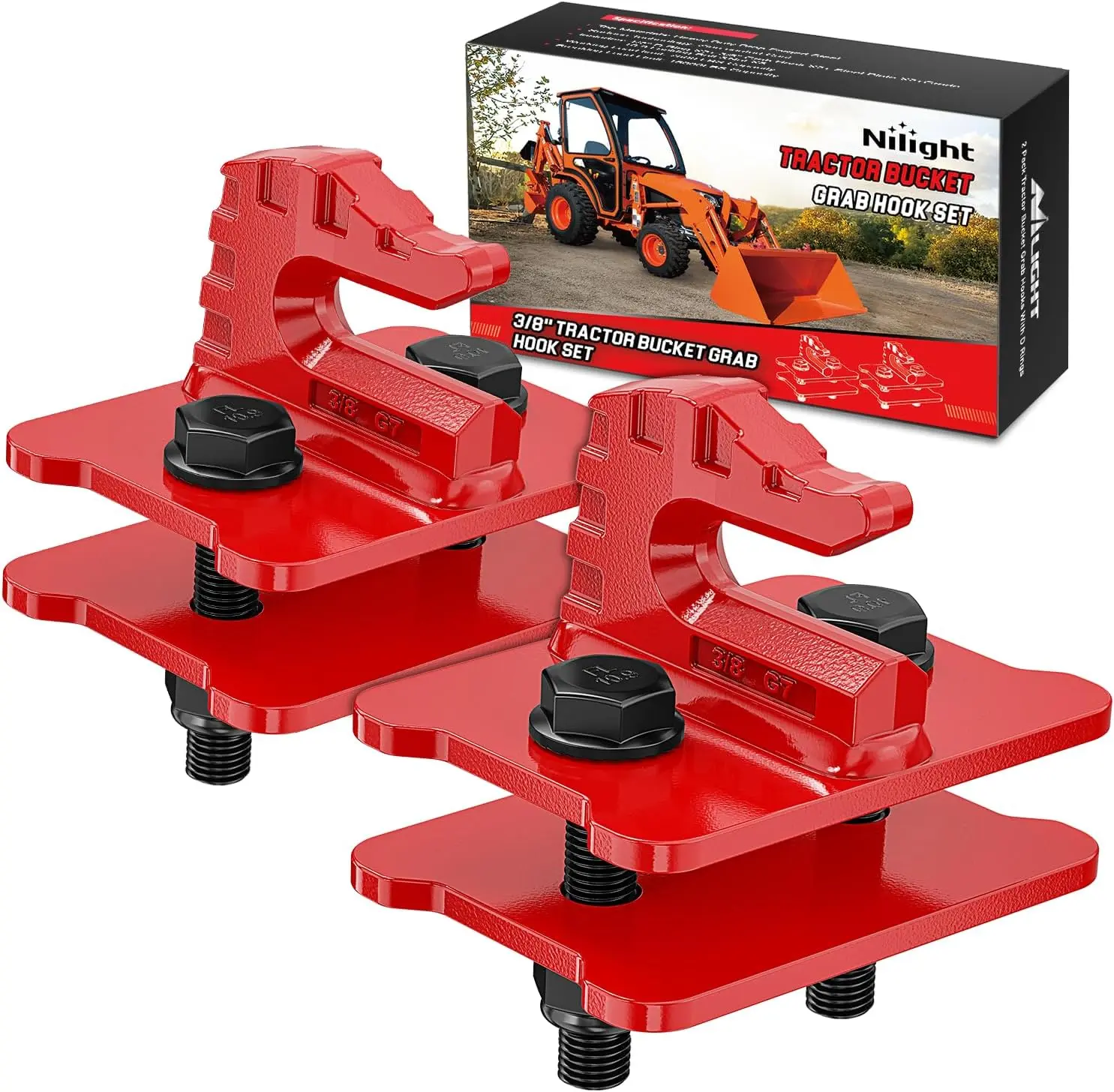 Nilight 2PCS Heavy Duty Bolt-On Tractor Bucket Plate Tow Hooks with Mirror, 3/8"-Drop-Forged Steel, 3/8" Chain Compatible, Zinc-Coated, 15000 LBS Max Load, Red Rims