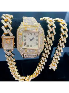 3PCS/SET Men's Fashion Hip Hop Watch Set, Iced Out Cuban Link Bracelet Necklace, Full Diamond Watch, Luxury Hip Hop Jewelry Set for Men