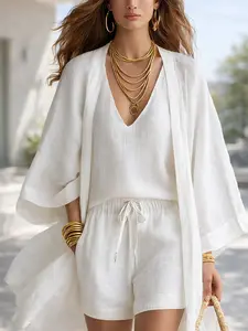 Women’s Summer Linen 3 Piece Set – Lightweight Kimono Cardigan + Sleeveless Tank Top & Drawstring Shorts, Casual Loose Fit Beach Vacation Outfit