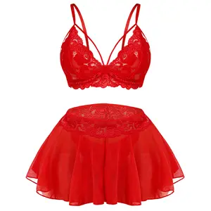 Parthenope Sexy Lingerie for Women 3 Piece Lace Bralette Mini Skirt with G String Crotchless Set V Neck Babydoll Adjustable Straps Hollow Out Lace Cups Strappy Details