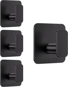 4PCS Black Adhesive Wall Hooks Heavy Duty, Waterproof Rustproof Stick On Hooks for Bathroom Shower Kitchen, Towel Robe Coat Hanging Hooks No Drill No Damage