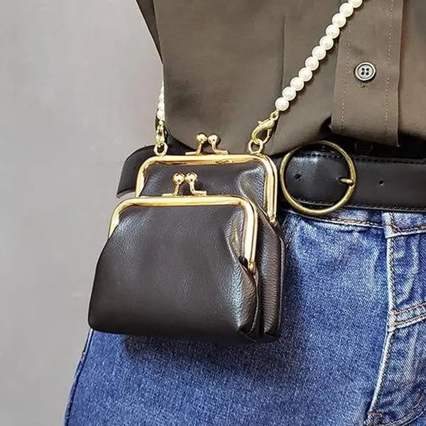 Luxury women wallet purse kisslock leather 2 layers large capacity vintage coins lipstick storage bag with pearl chain crossbody shoulder little bag retro style