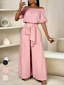Summer New Women's One-Shoulder Puff Sleeve Feminine Blouse Top with Wide-Leg Pants Set, Casual Style for a Slimming Look, Comfortable and Stylish Two-Piece Outfit, Womenswear, Minimalist, Getaway Style, Beach Day