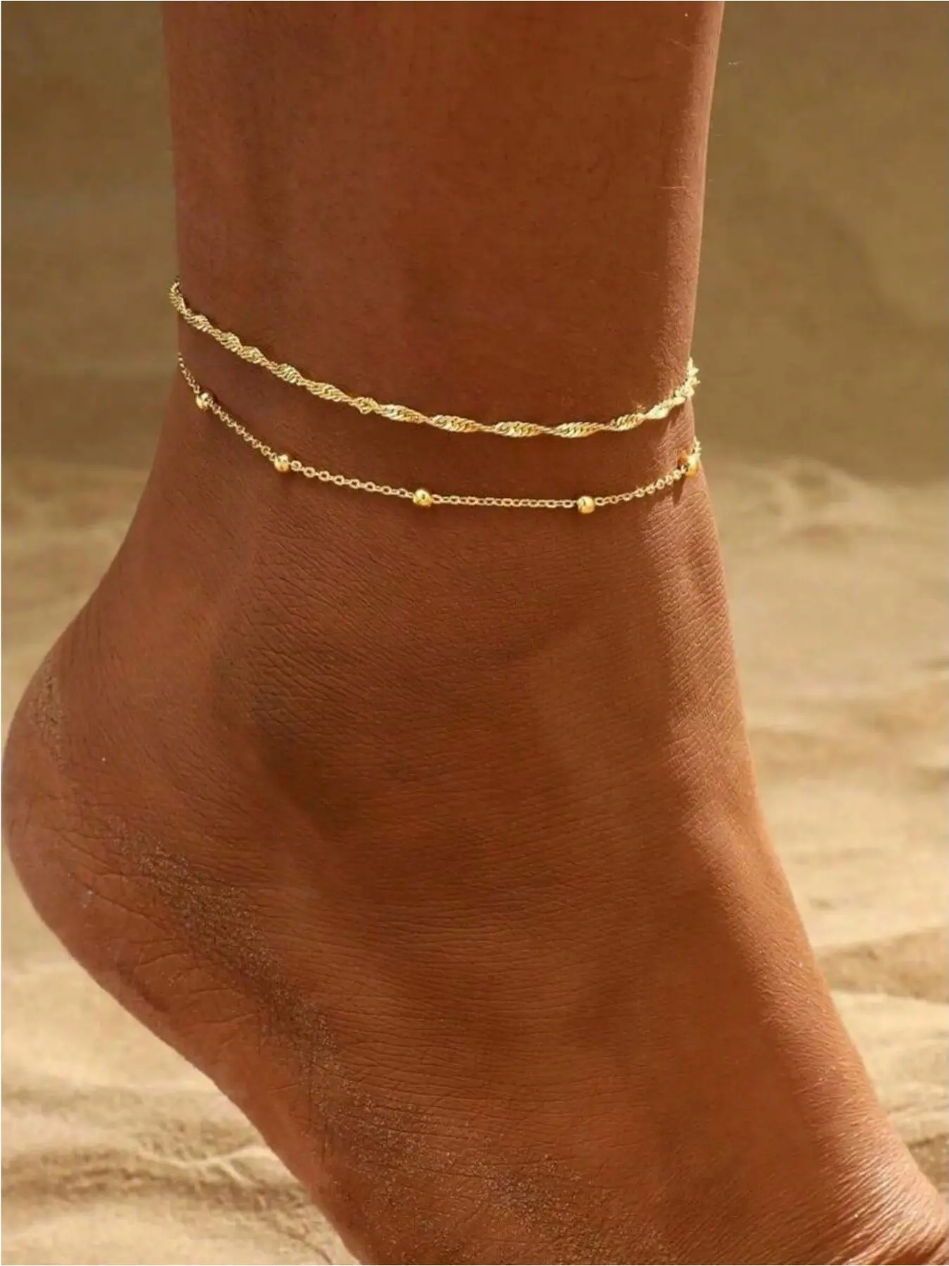 2pcs Link Anklet & Bracelet Set, Waterproof Design Lightweight Summer Jewelry, Anti-Oxidation Chain Gift for Women