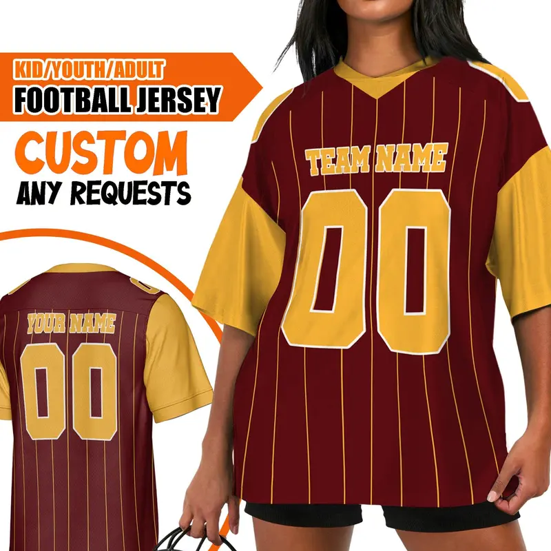 Personalized football team washington burgundy and gold sleeve thin stripes WC CA02, Name Football Jersey For Adult, Outfit Football Fan