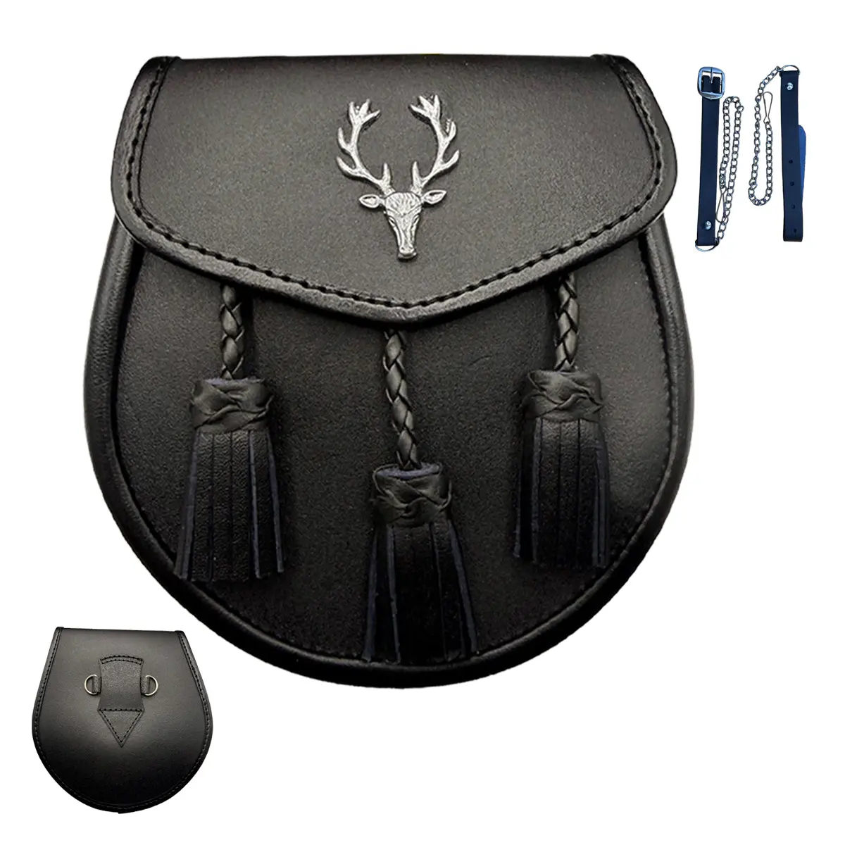Leather Kilt Sporran with Stag Head Design, Semi-Dress Accessory for Highland Dress Enthusiasts, Includes 50" Adjustable Chain & Strap, Excellent Value, Storage Space, 50 Inches, Bagpipers, Long-Lasting Use, Traditional Look, 50" Length