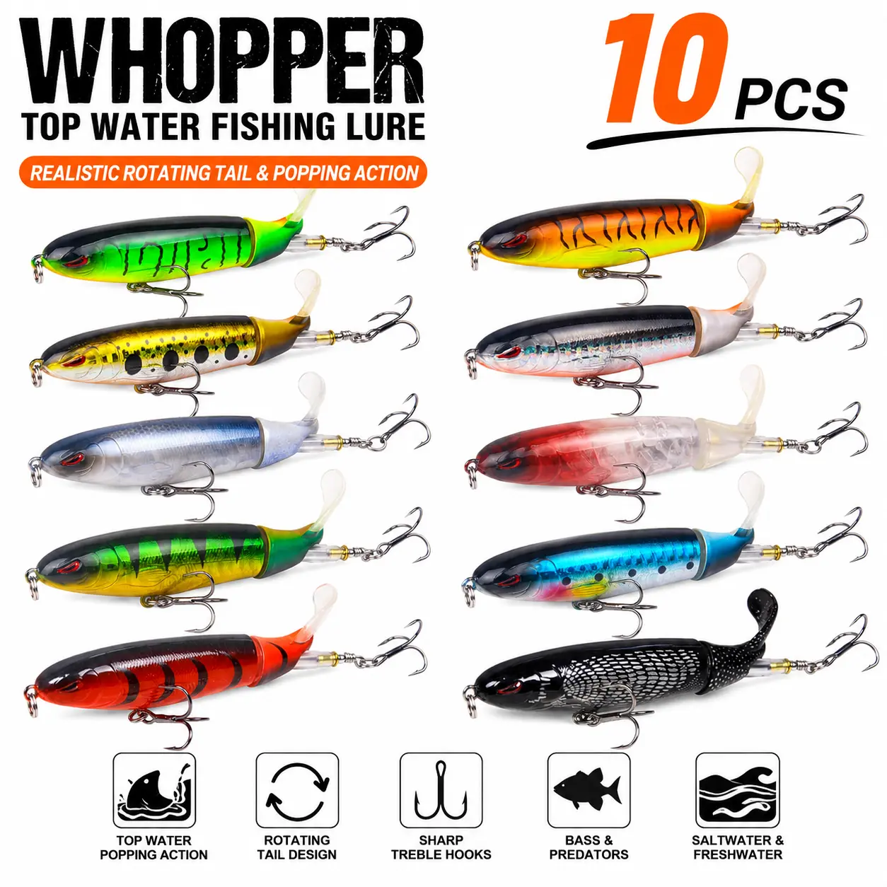 10Pcs Whopper Fishing Lure for Bass Popper Top Water Fishing Lures with Floating Rotating Tail Barb Treble Hooks in Saltwater Freshwater Plopping Lures Kit