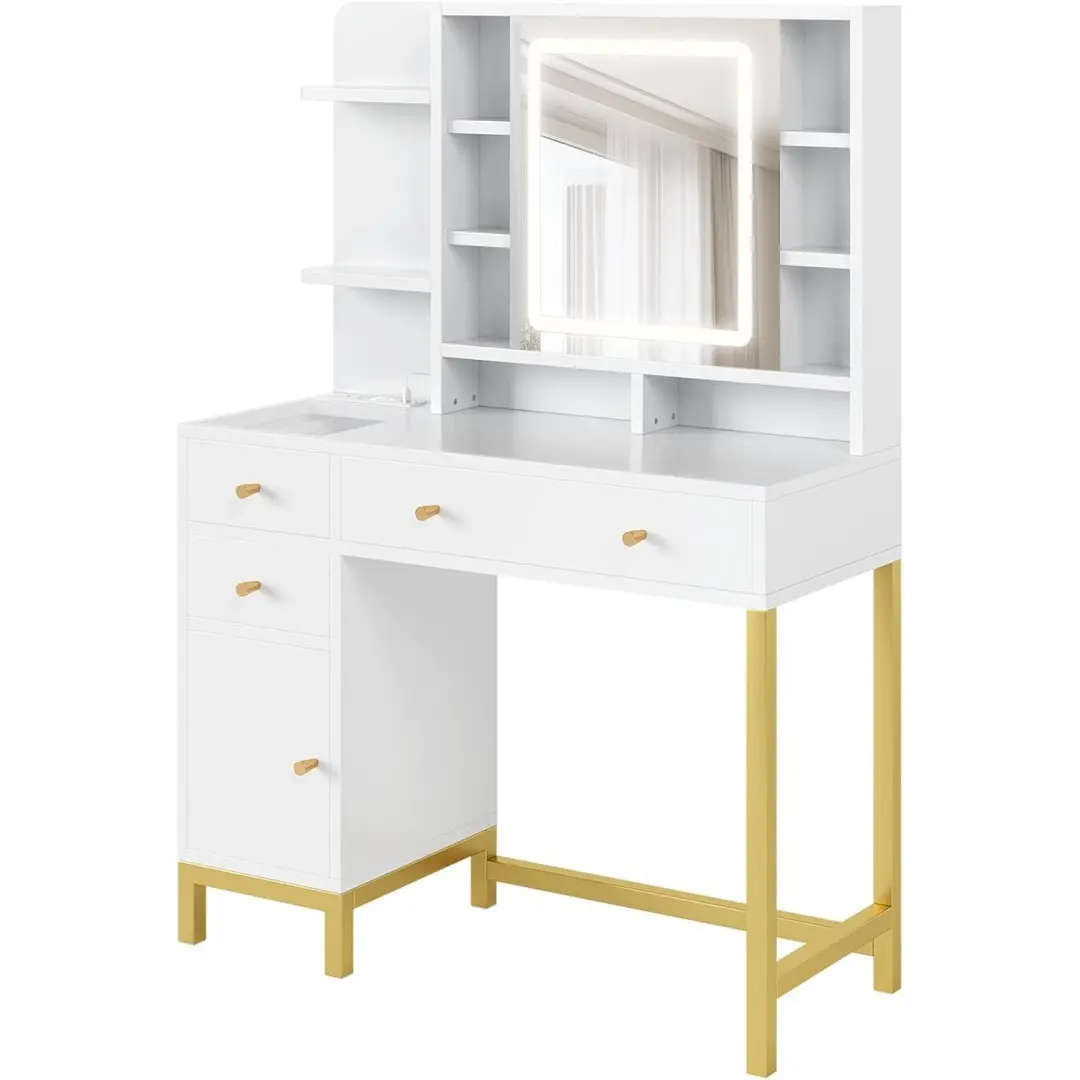 【Christmas Gift】Modern Makeup Vanity - Extra Large Spacious Makeup Table with Acrylic Desktop, White Bedroom Dressing Table, LED-Lighted Mirror, 3 Lighting Colors, Power Outlet and Built-In Charging Station