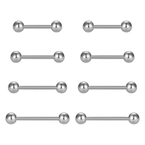 4 Pairs 12/14/16/18mm Multiple Size Simple Plain Stainless Steel Tongue Ring, Tongue Stud, Tongue Piercings, Body Piercing Jewelry for Men & Women, Fashion Accessory