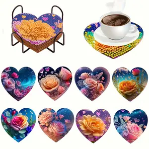 8-Piece Heart Pattern Diamond Painting Wooden Coasters, DIY Creative Diamond Art Coasters, Perfect for Home Decor and Holiday Gifts