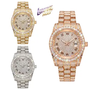 LUXFINE Iced Out Moissanite R style Watch, Stainless Steel Full Paved Hip Hop Wrist Watch, 14K Gold/Rose Gold/White Gold Plated, Pass Diamond Tester, Luxury Bling Watch for Men Women