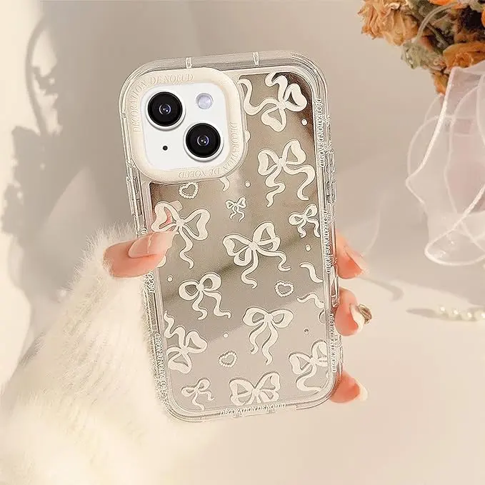 for iPhone 13 Case Bow Plating Mirror Silver Cute Coquette Love Heart Women Girls Teens Ribbon Design Aesthetic Bows Protective Phone Cover for iPhone 13 Accessories Protection