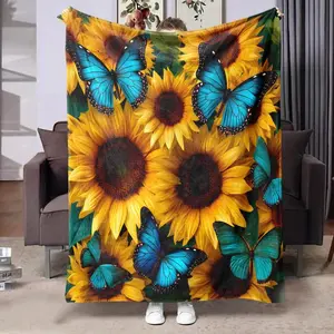Sunflower & Butterfly Pattern Blanket, Soft Warm Throw Blanket, Air-conditioned Room Blanket, Warm Nap Blanket for Home Office Travel Camping
